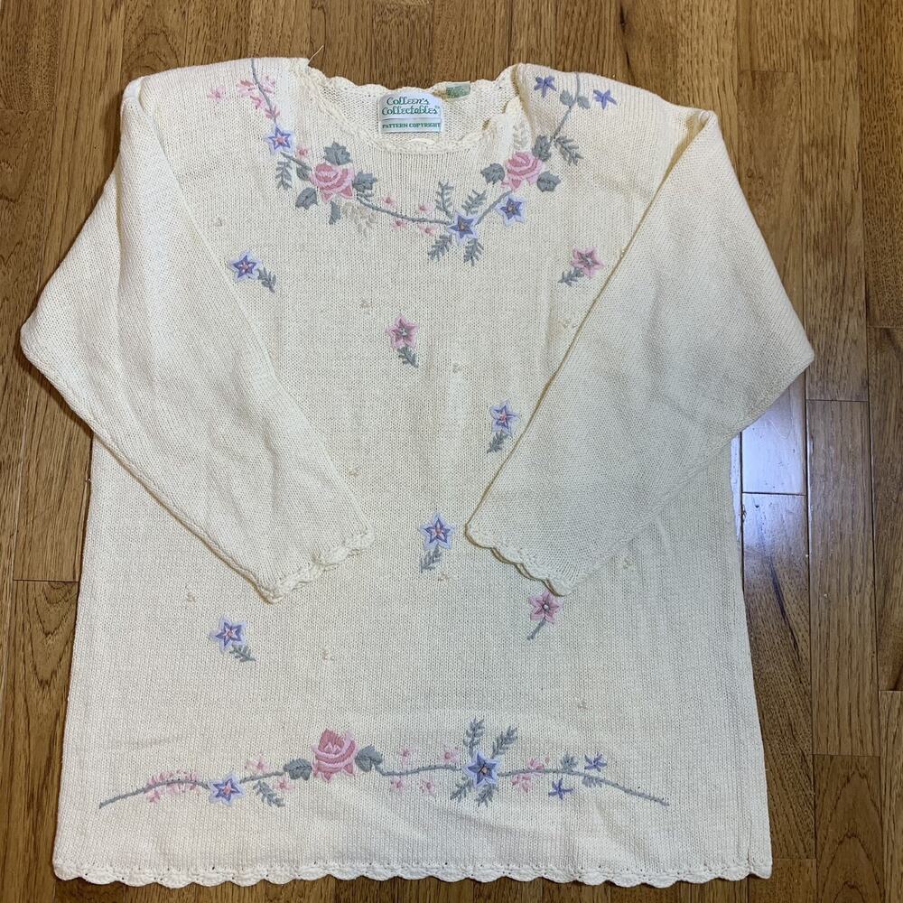Vintage NWT Colleens Collectables Floral Embroidery Ramie Cream Sweater Large